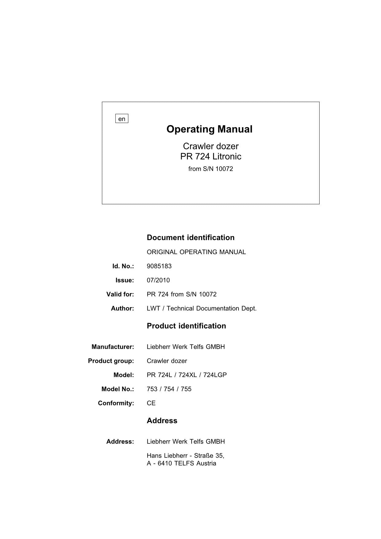 Liebherr PR724 Litronic Dozer Operators manual 9085183 serial 10072