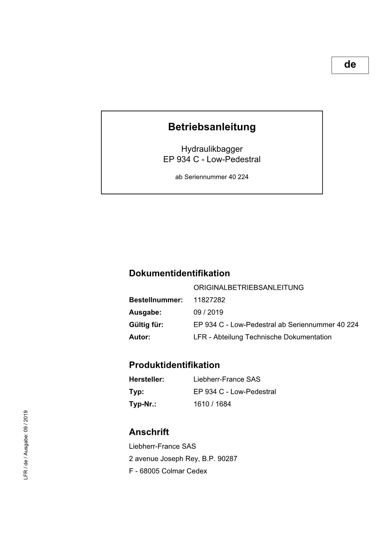 Liebherr EP934 C Low-Pedestral Hydraulikbagger Betriebsanleitung