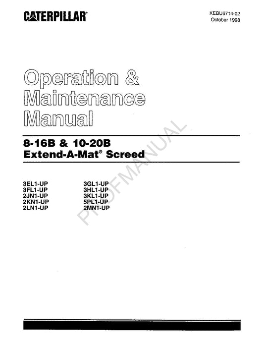 Caterpillar 8 16B 10 20B Extend Mat Screed Bohlenbediener Wartungshandbuch