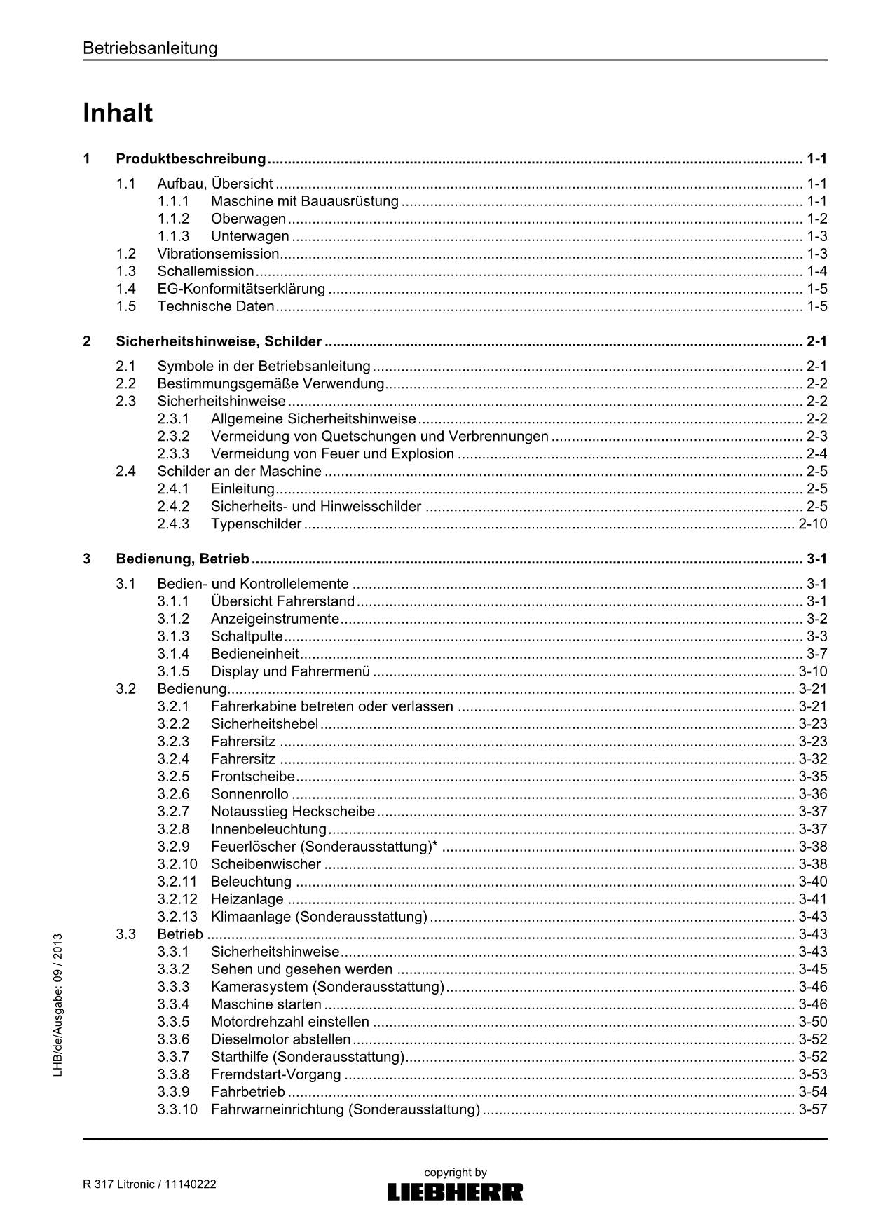Liebherr R317 Litronic Hydraulikbagger Betriebsanleitung 11140222