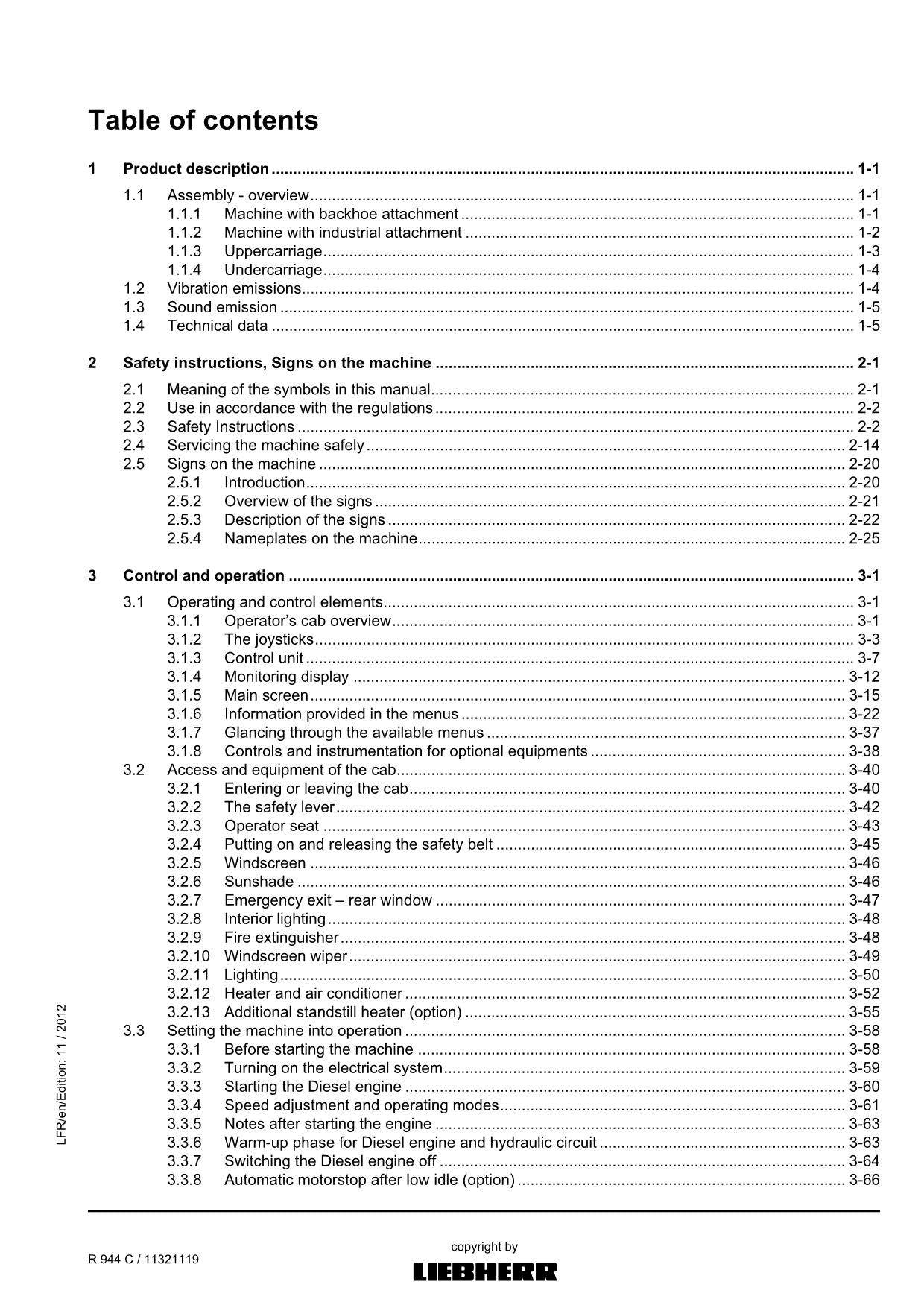 Liebherr R944 C Excavator Operators manual serial 33772