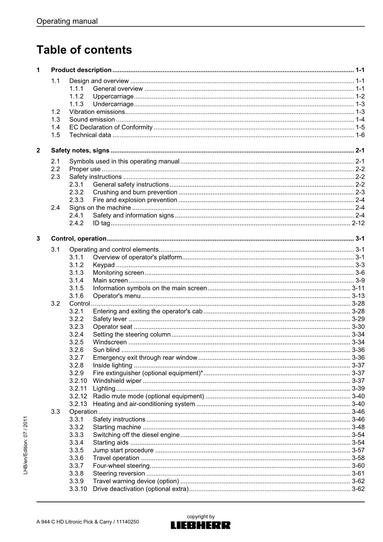 Liebherr A944 C HD Litronic Pick  Carry Log loader Operators manual