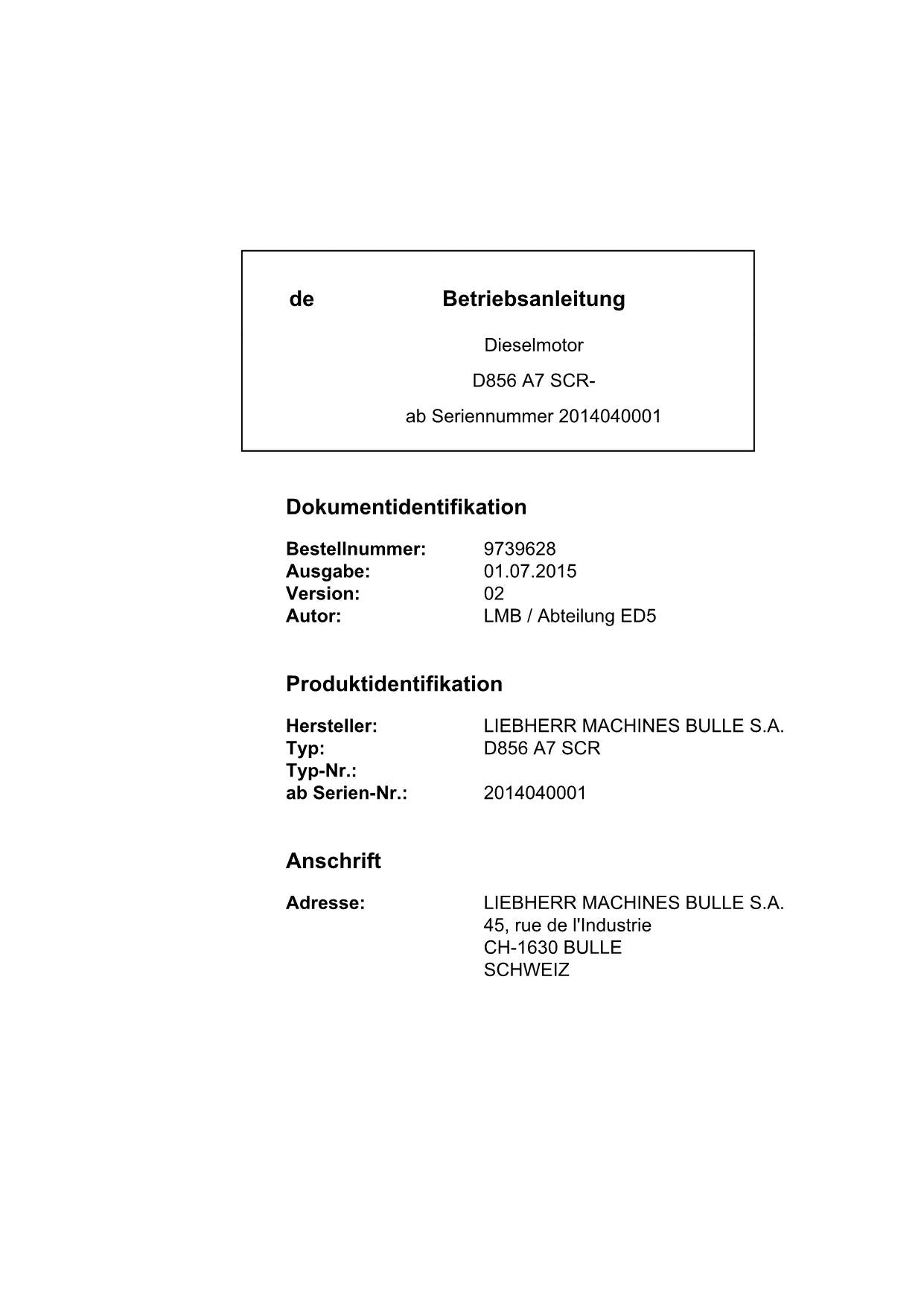 Liebherr D856 A7 SCR Moteur Diesel Manuel d'instructions