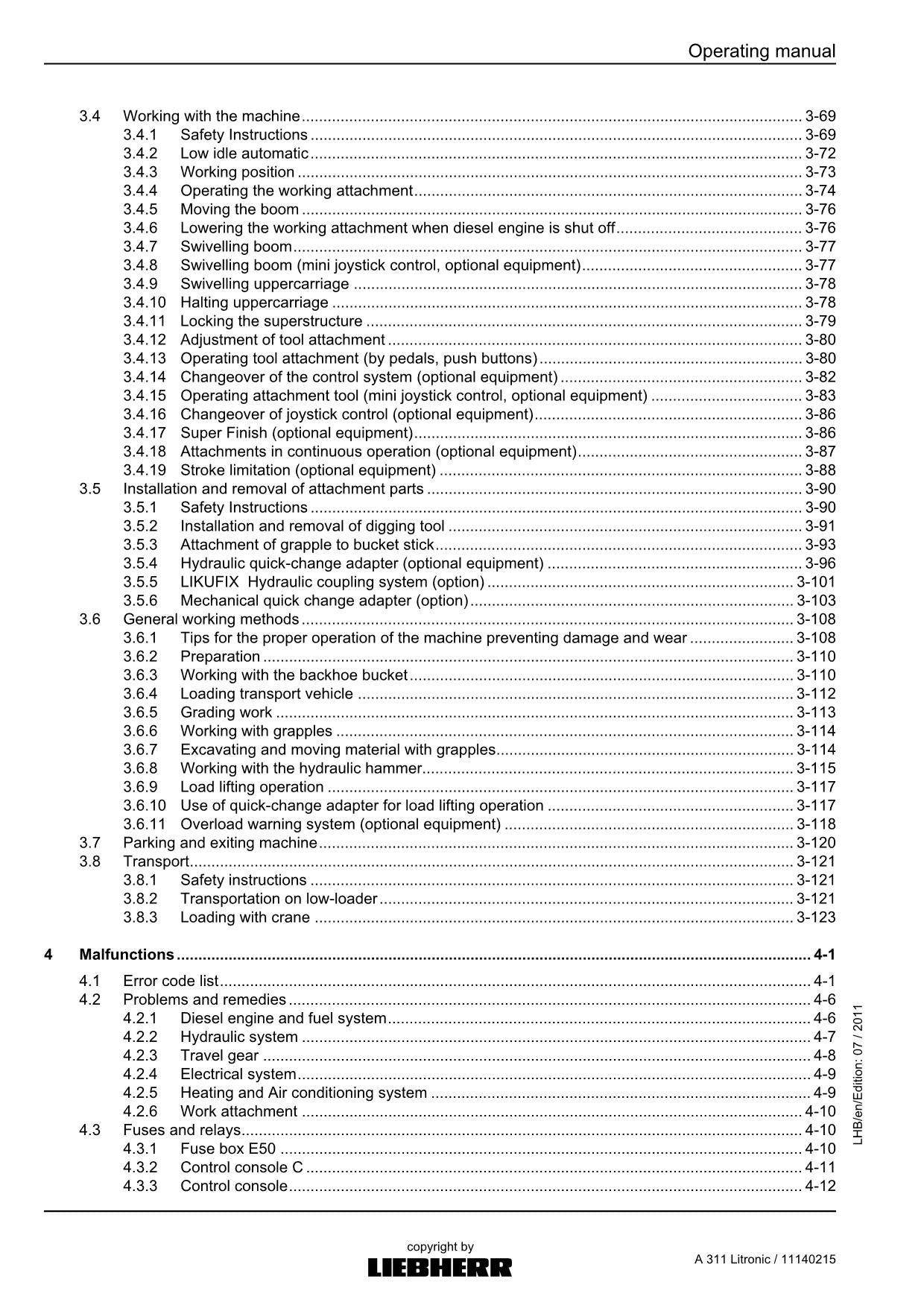 Liebherr A311 Litronic Excavator Operators manual