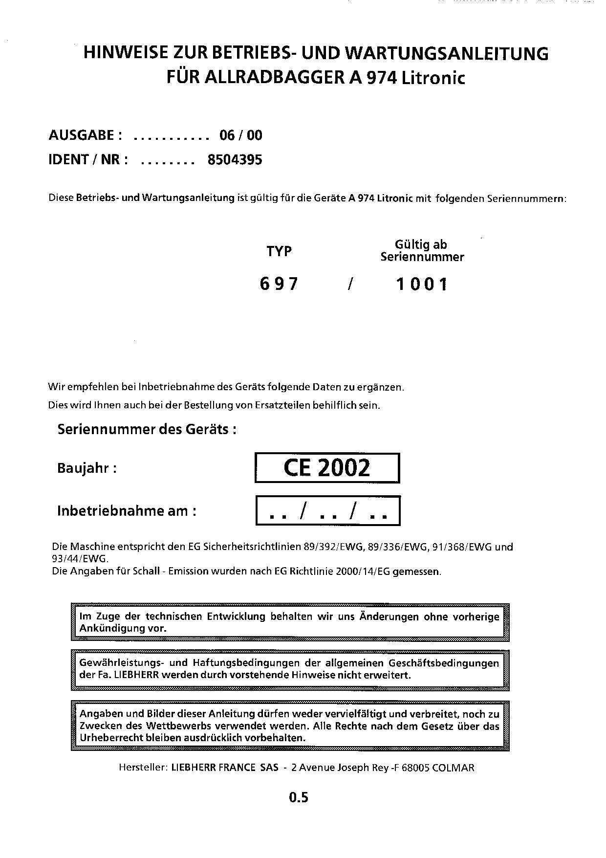 Liebherr A974 LITRONIC Hydraulikbagger Manuel d'instructions