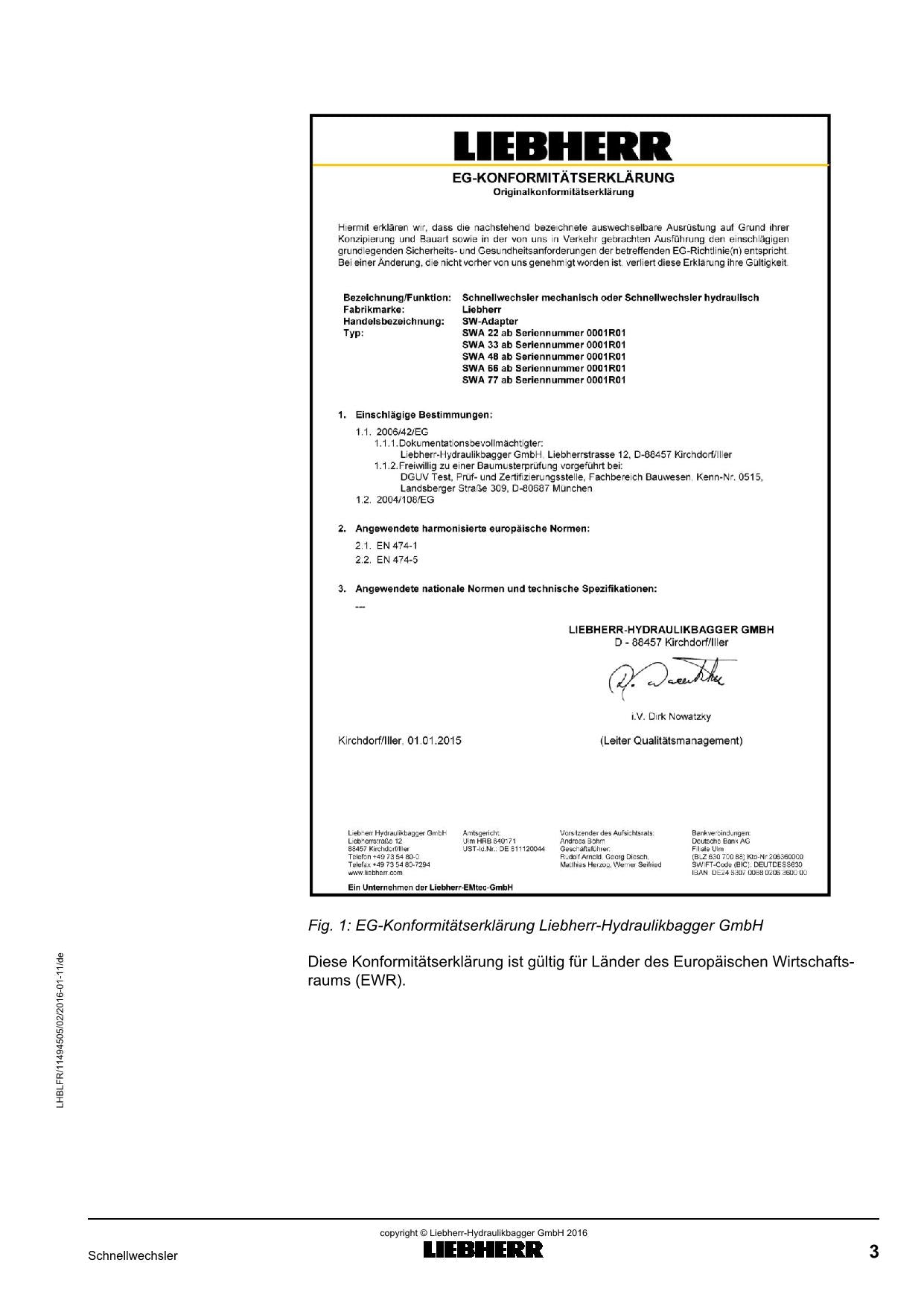 Liebherr SWA22 SWA33 SWA48 SWA66 SWA77 SWA92 Schnellwechsler Manuel d'instructions