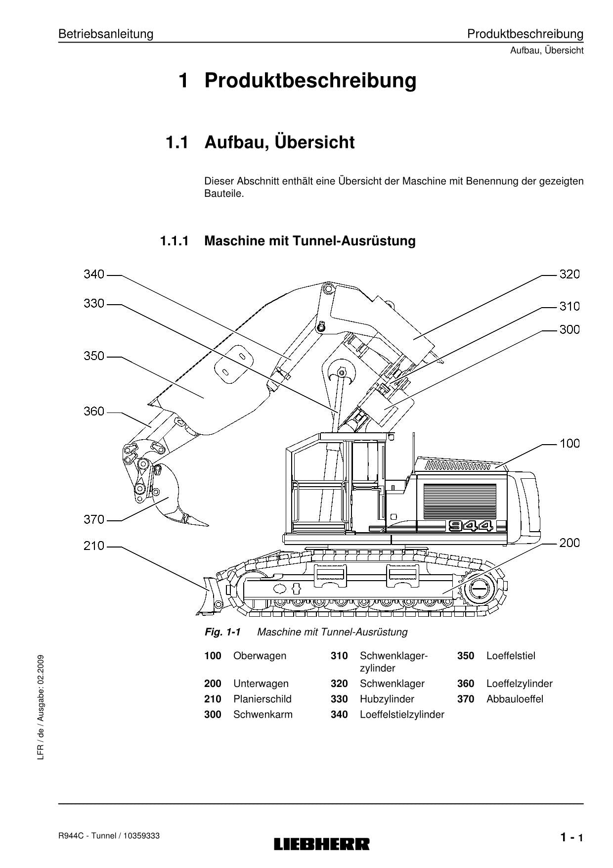 Liebherr R944 C Tunnel Hydraulikbagger Betriebsanleitung ser 22915