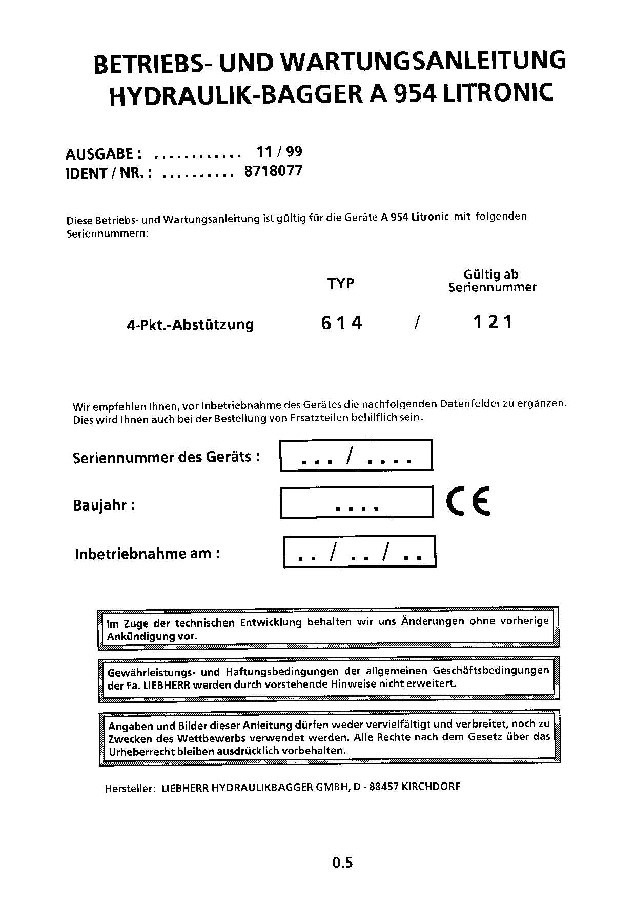 Liebherr A954 LITRONIC Hydraulikbagger Manuel d'instructions