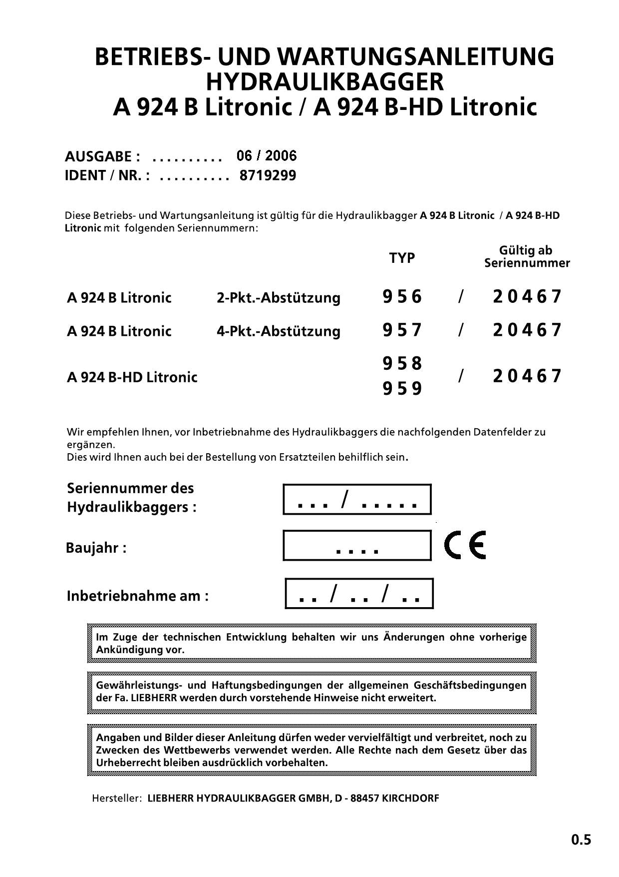 Liebherr A924 B A924 B-HD Litronic Bagger Betriebsanleitung Wartungsanleitung