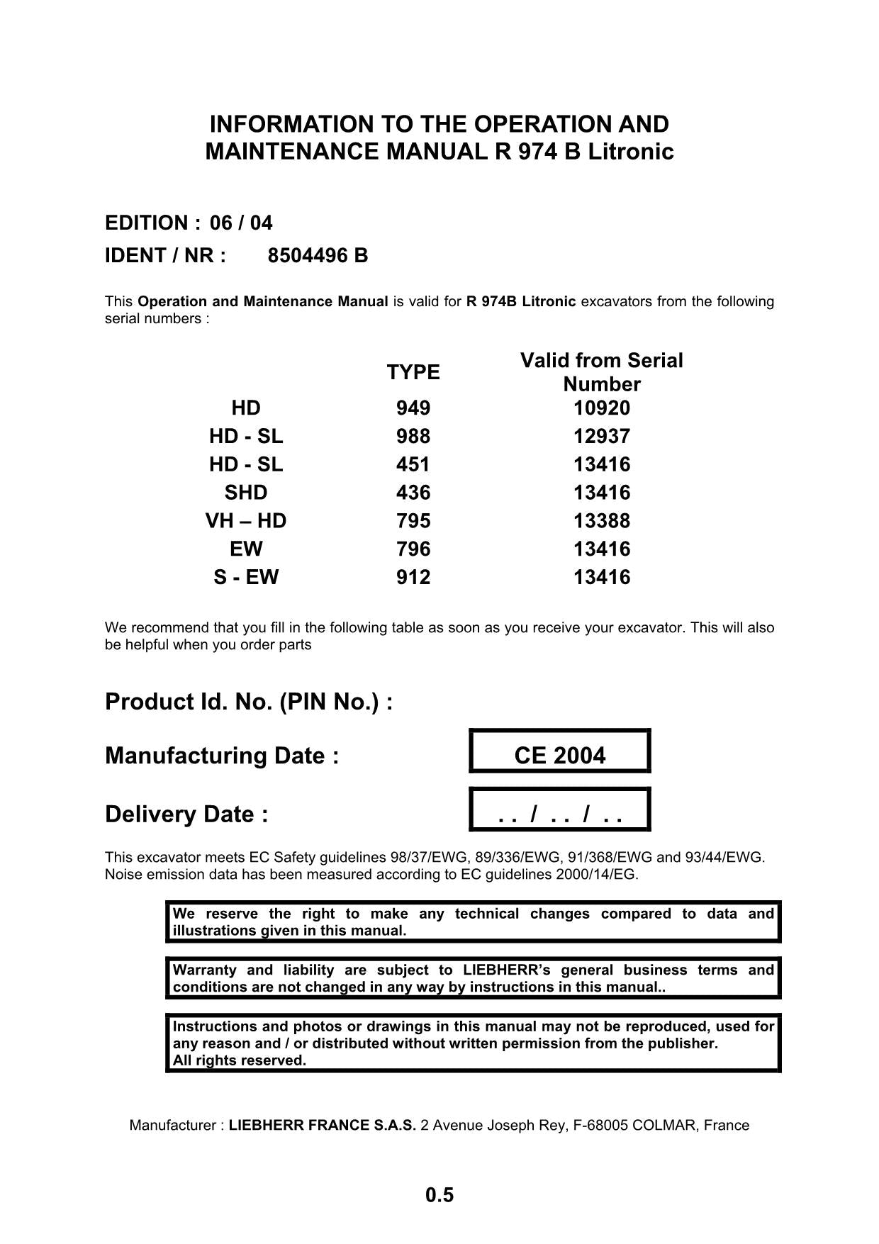 Liebherr R974 B Litronic Excavator Operators manual