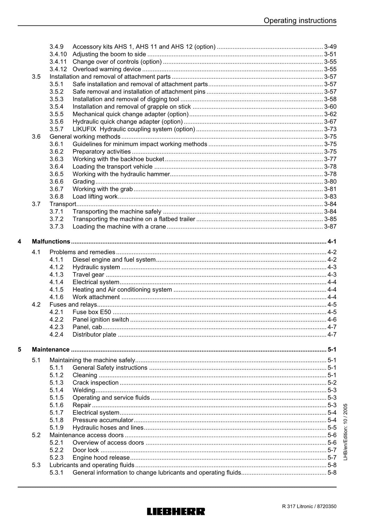 Liebherr R317 Litronic Excavator Operators manual serial 27000