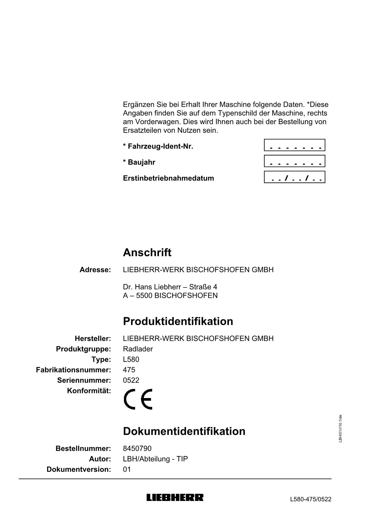 Liebherr L580 Radlader Betriebsanleitung ser 0522