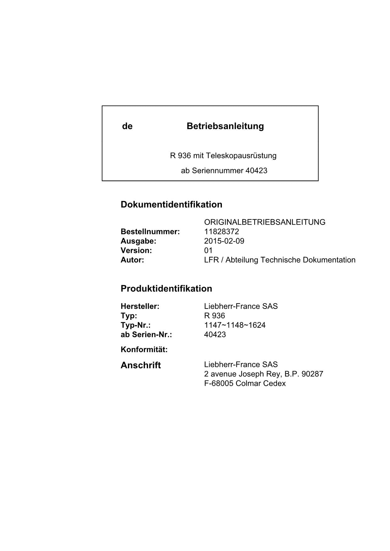 Liebherr R936 miTTeleskopausrüstung Hydraulikbagger Betriebsanleitung ser 40423