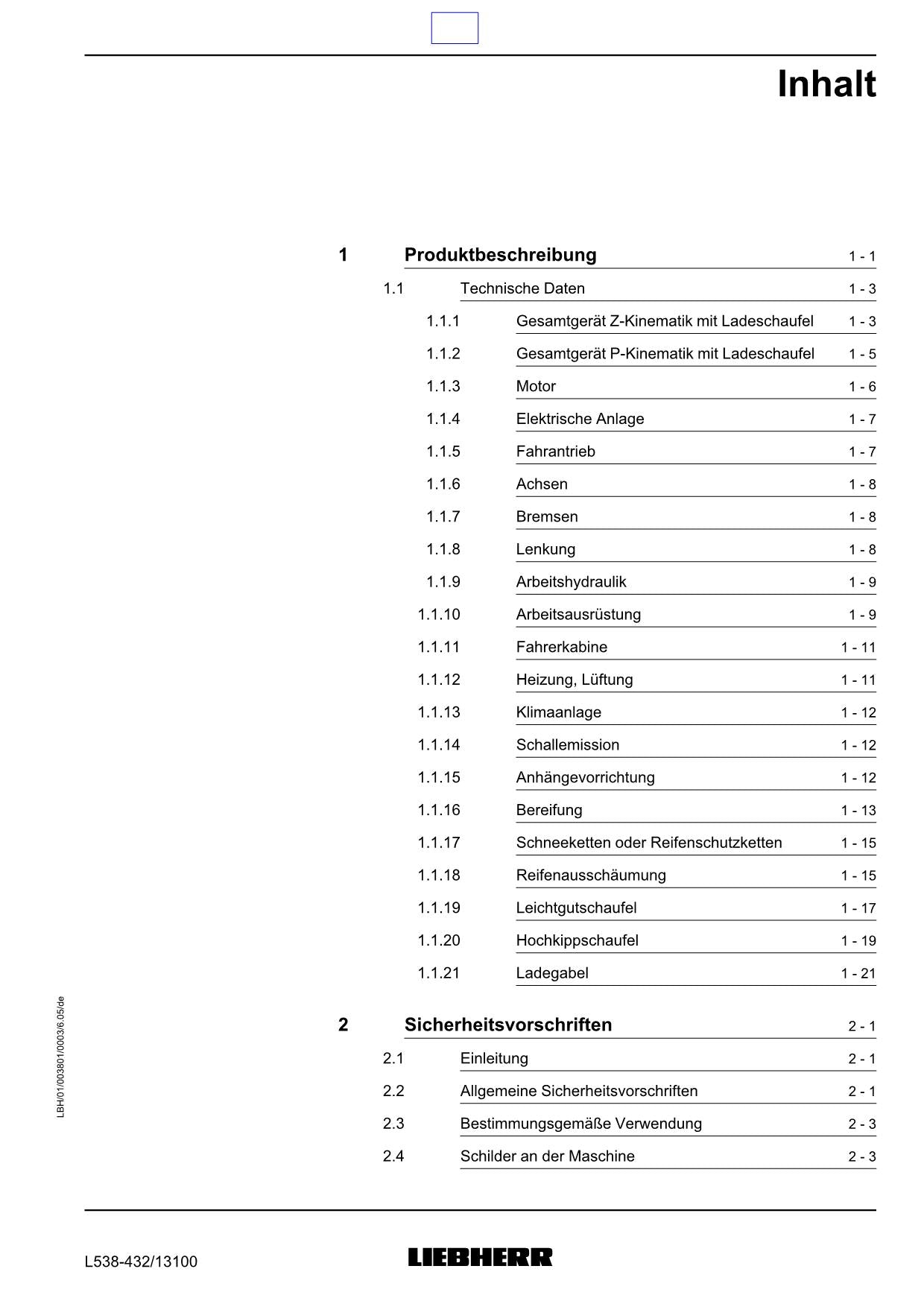 Liebherr L538 Radlader Betriebsanleitung ser 13100