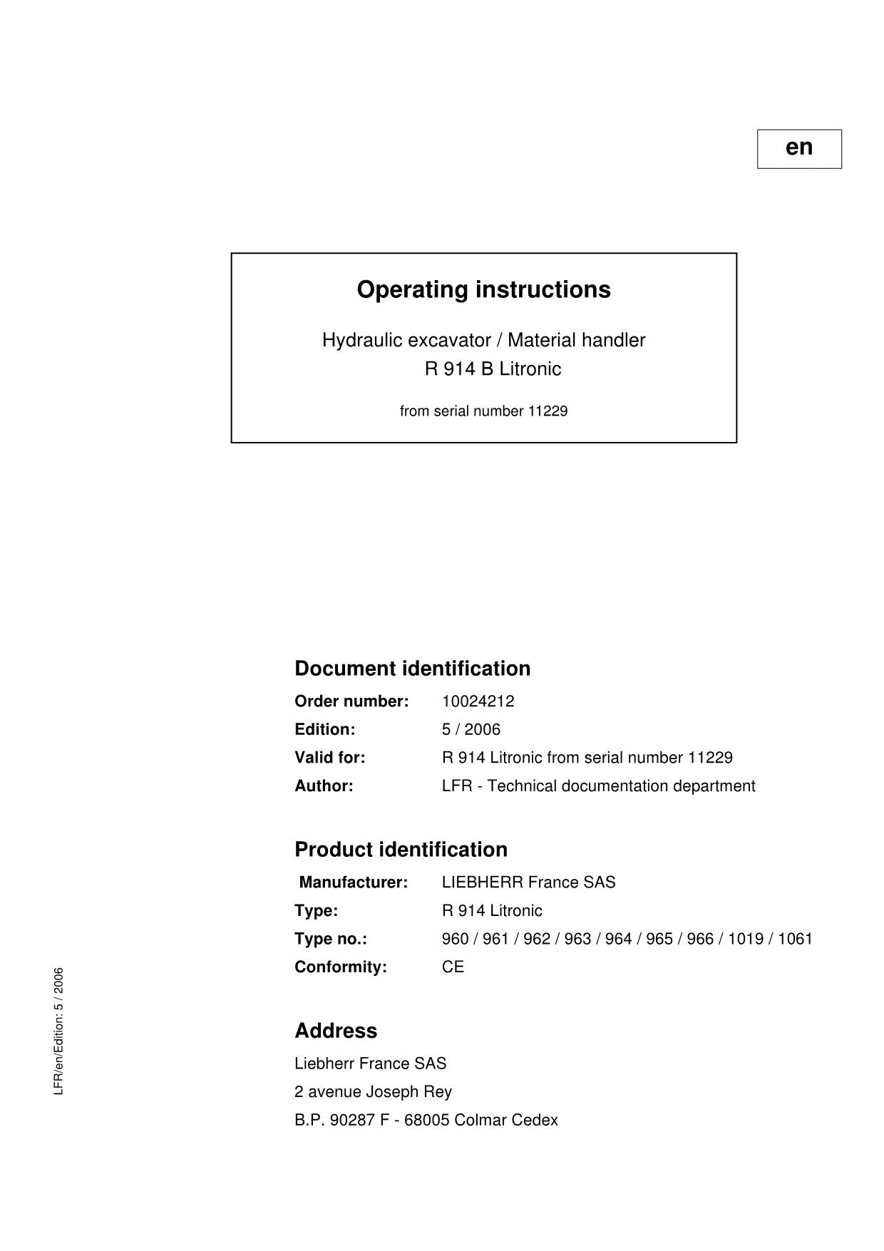 Liebherr R914 B Litronic Excavator Operators manual