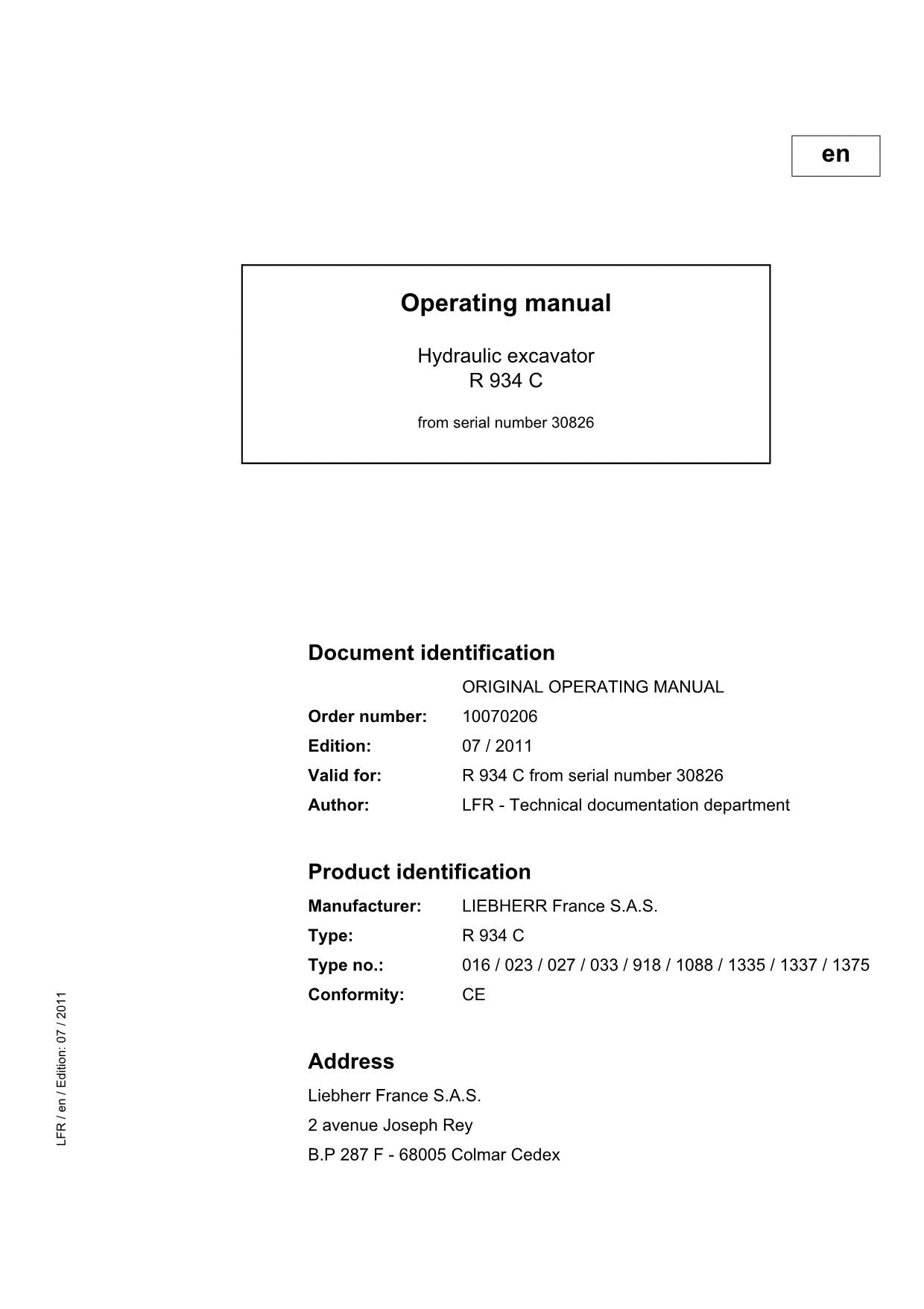 Liebherr R934 C Excavator Operators manual serial 30826