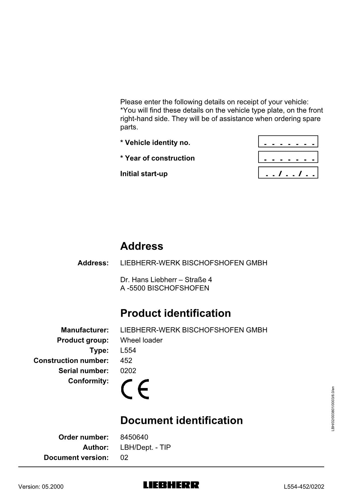 Liebherr L554 Wheel Loader Operators manual serial 0202