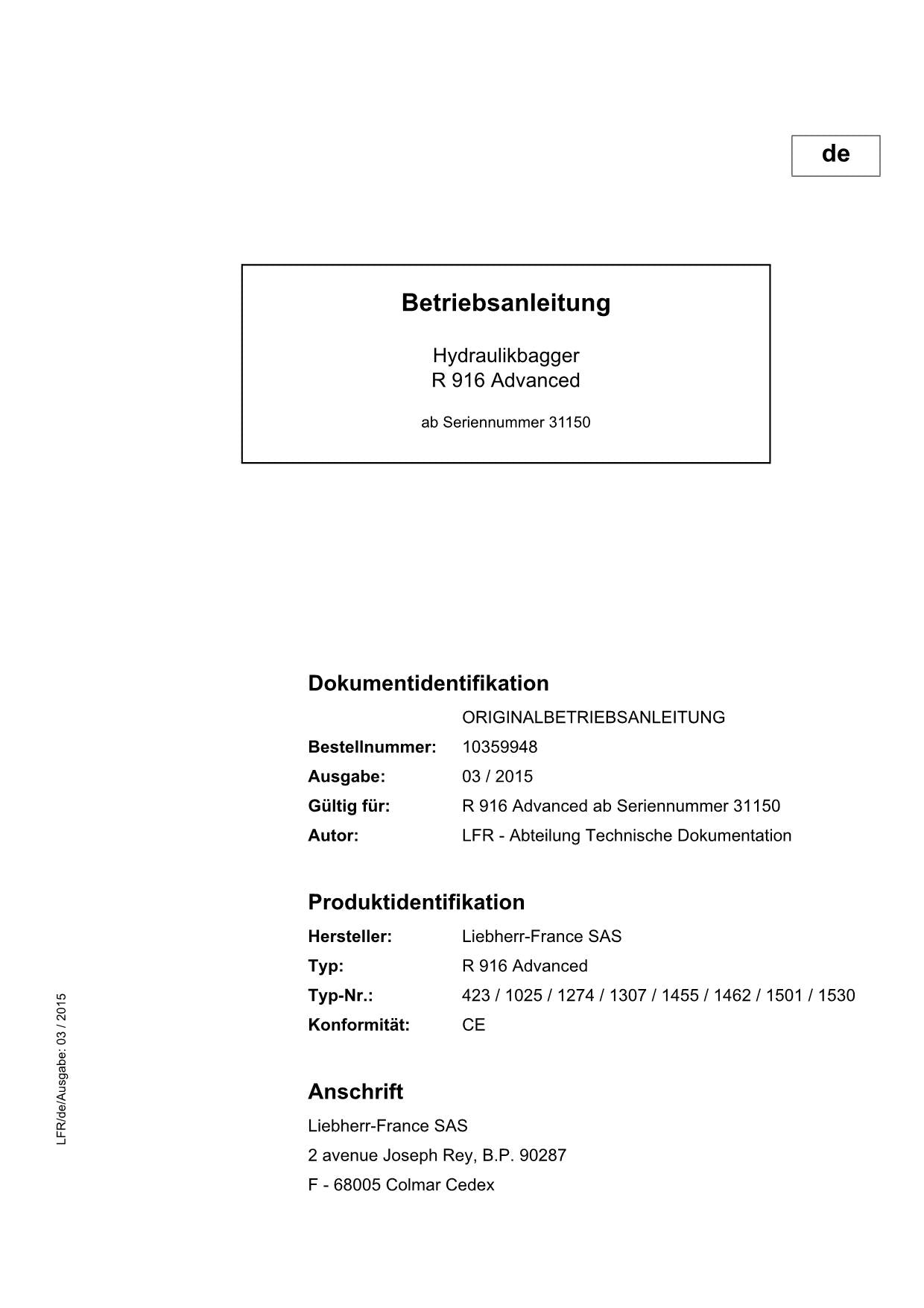 Liebherr R916 Advanced Bagger Betriebsanleitung