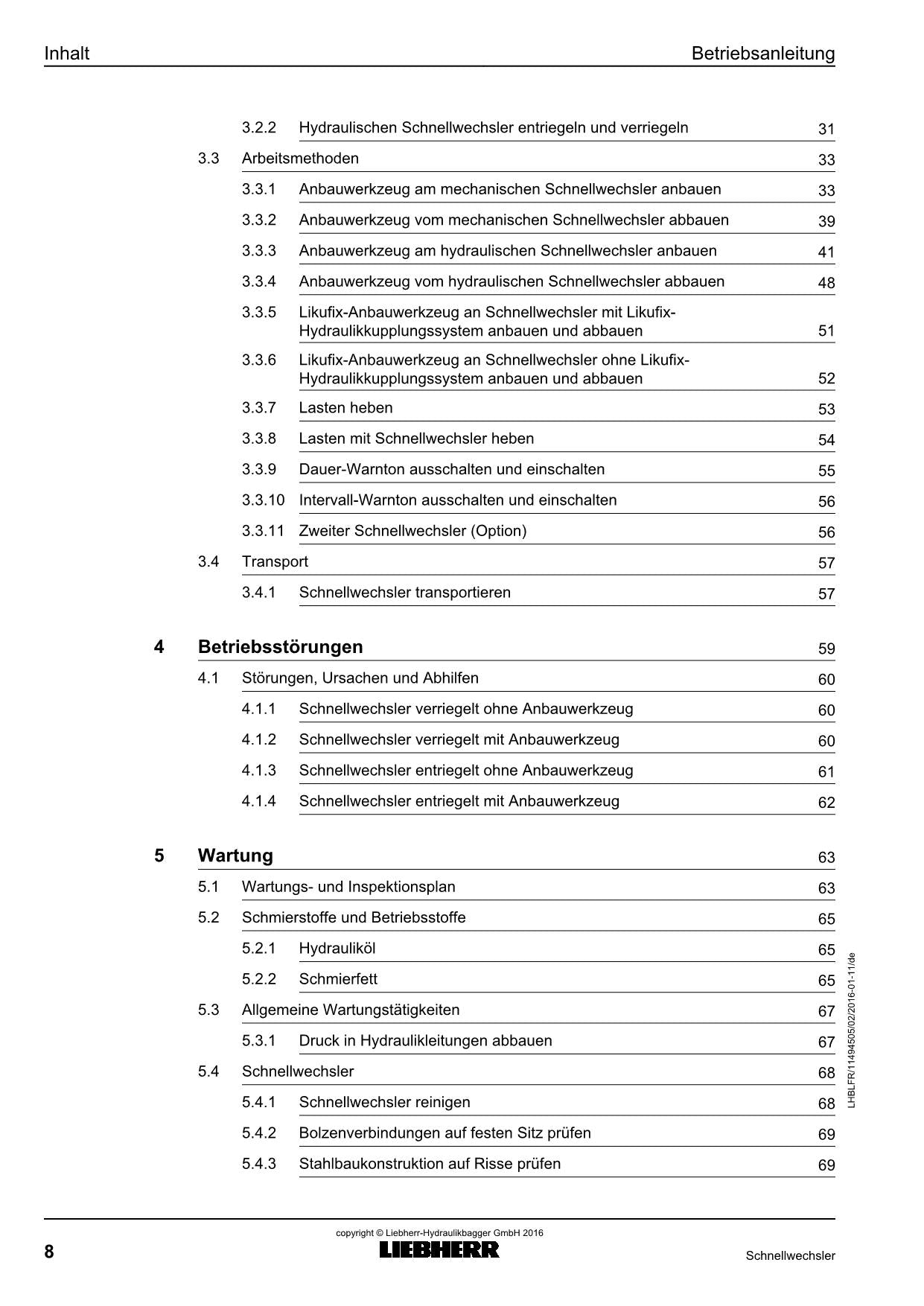 Liebherr SWA22 SWA33 SWA48 SWA66 SWA77 SWA92 Schnellwechsler Betriebsanleitung