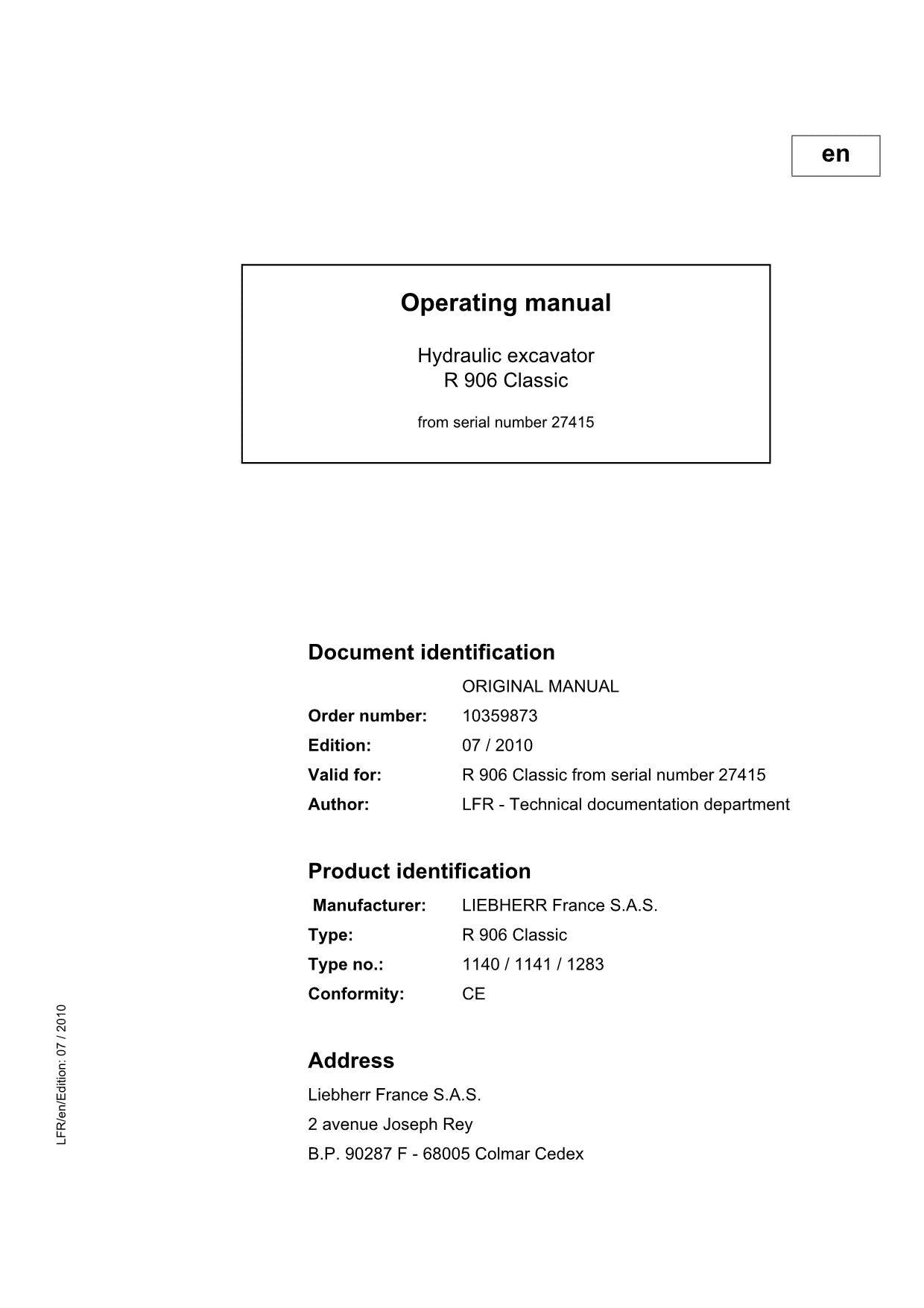 Manuel d'utilisation de la pelle Liebherr R906 Classic, numéro de série 27415