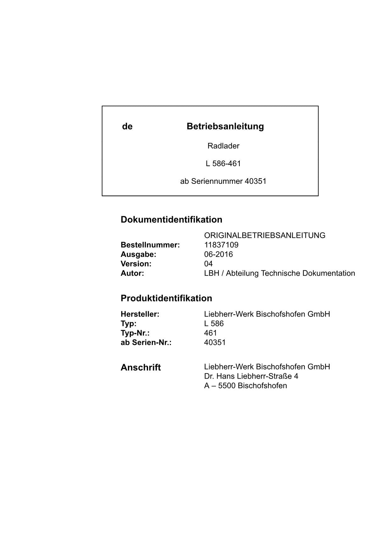 Liebherr L586 Radlader Betriebsanleitung ser 40351 11837109