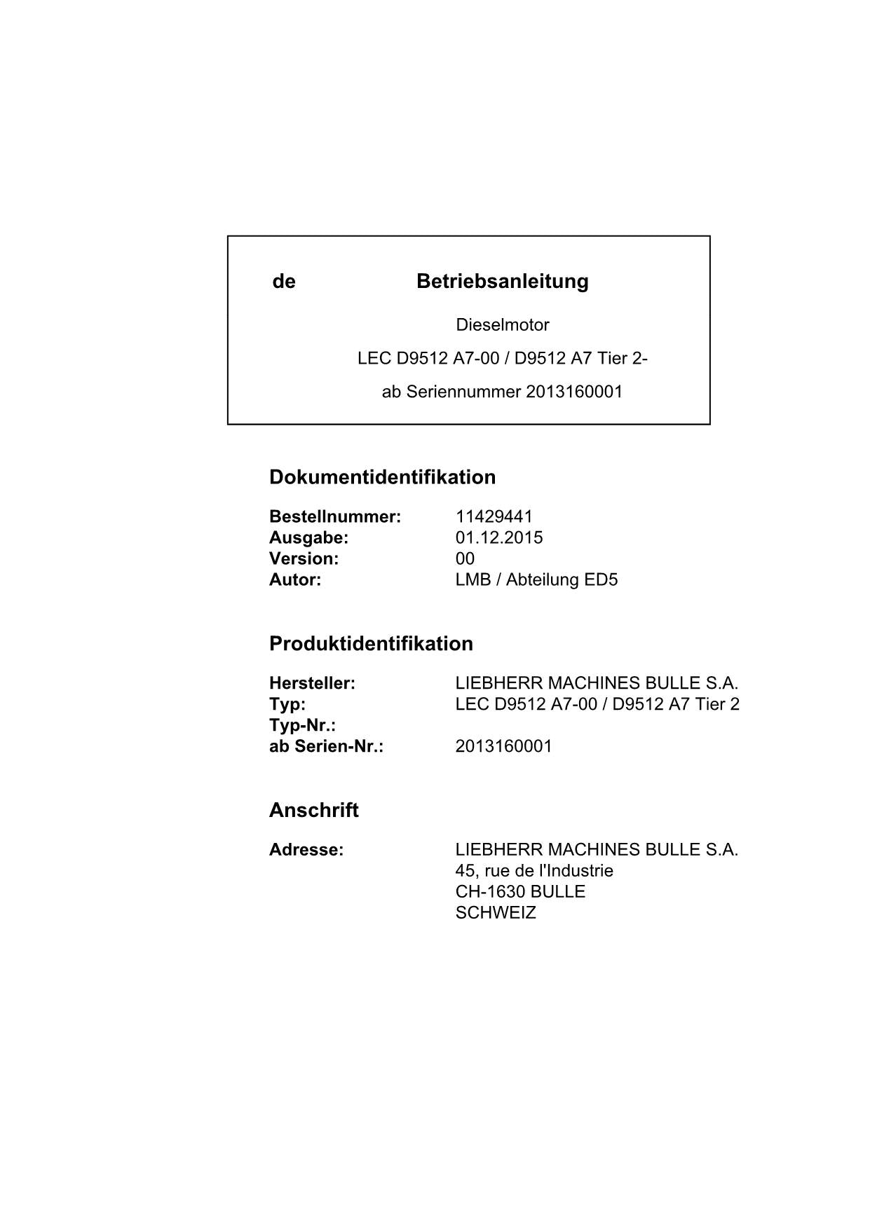 Liebherr LEC D9512 A7-00 D9512 A7 TieR2 Moteur diesel Manuel d'instructions