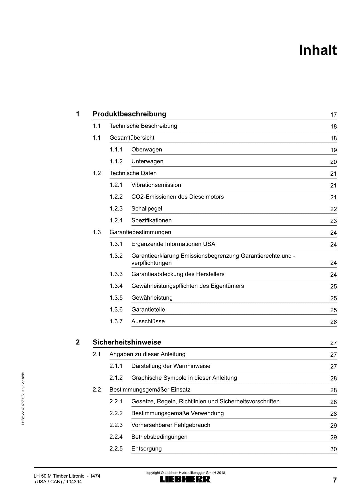 Liebherr LH50 M TimbeRLitronic Materialumschlaggerät Betriebsanleitung 1474 USA