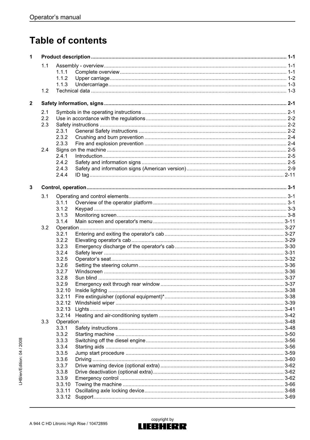 Liebherr A944 C HD Litronic High Rise EXCAVATOR LOGGING MACHINE Operators manual