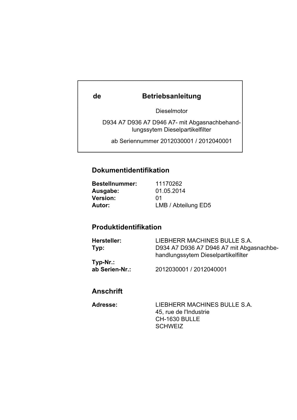 Liebherr D934 A7 D936 A7 D946 A7 Moteur de filtre à particules diesel Manuel d'instructions