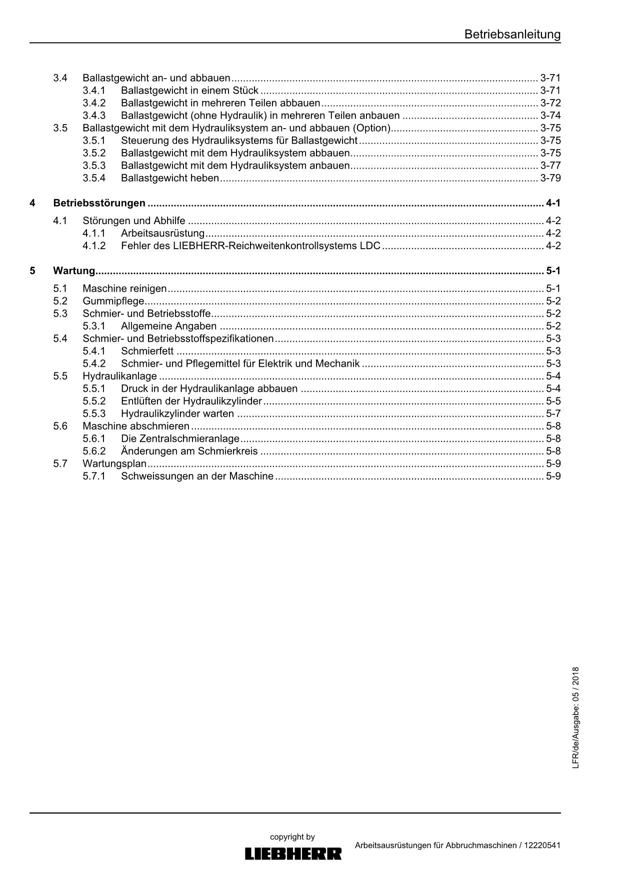 Liebherr R954C Abbruch Arbeitsausrüstungen Abbruchmaschinen Betriebsanleitung