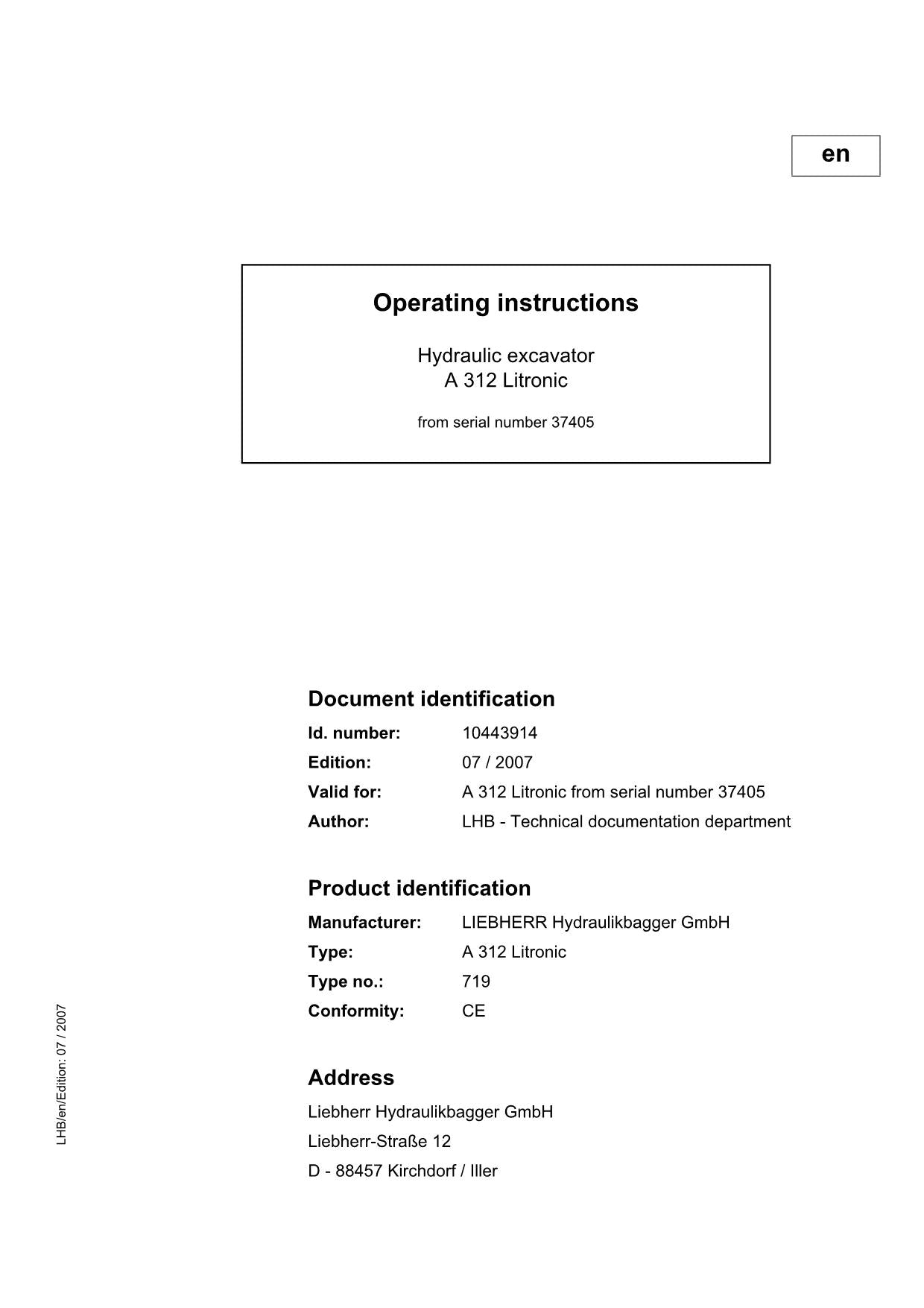 Liebherr A312 Litronic Excavator  Operators manual