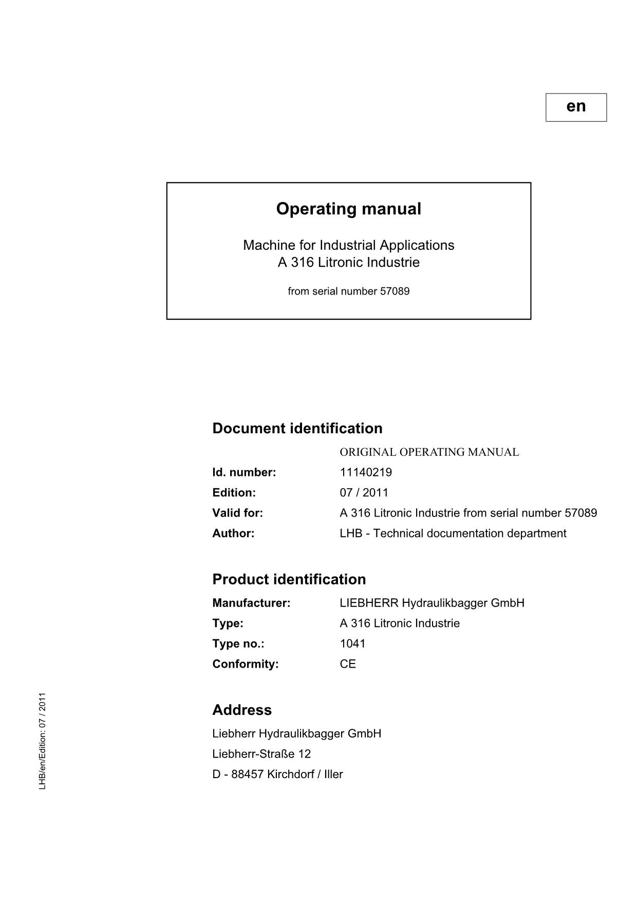 Liebherr A316 Litronic Industrie Excavator Operators manual