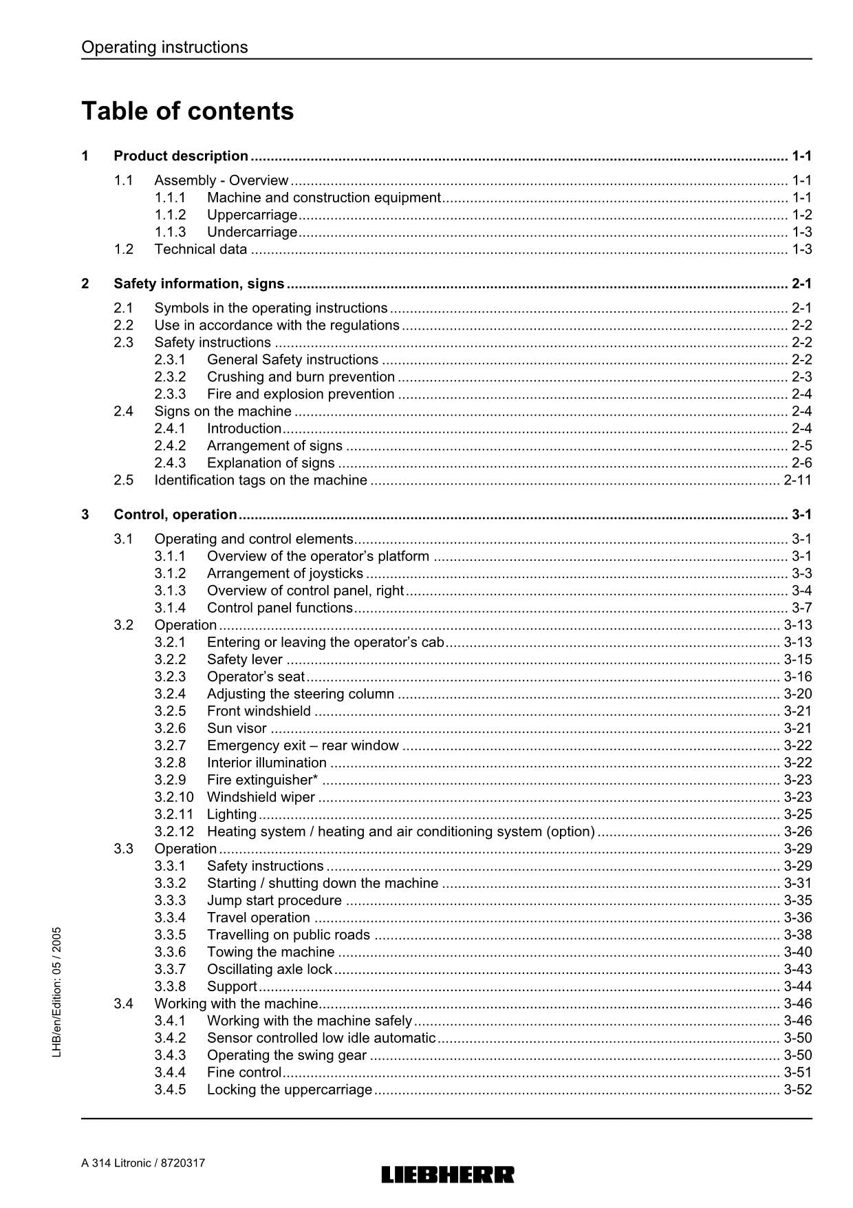 Liebherr A314 Litronic Excavator  Operators manual