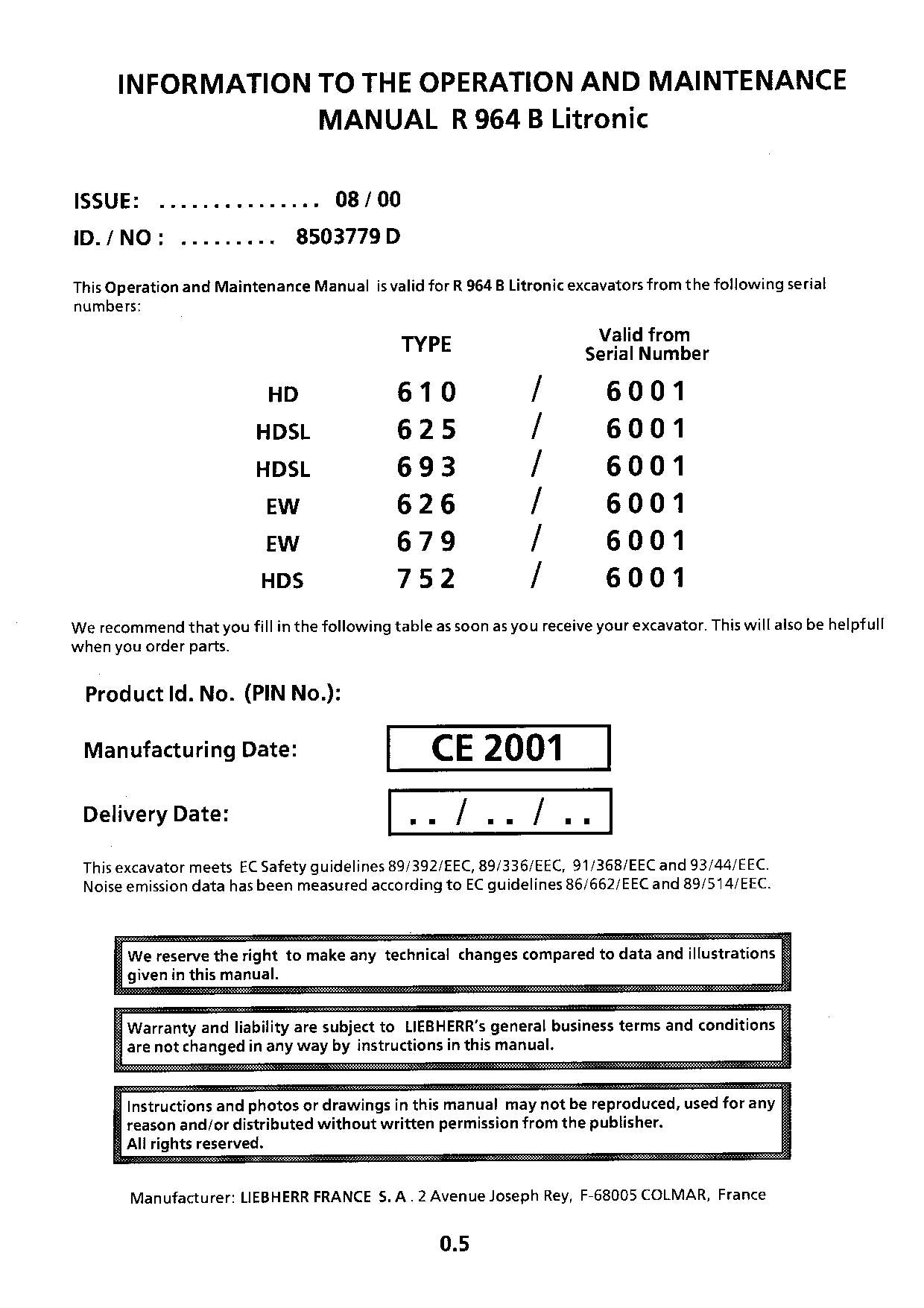 Manuel d'utilisation de la pelle Liebherr R964 B Litronic, série 6001