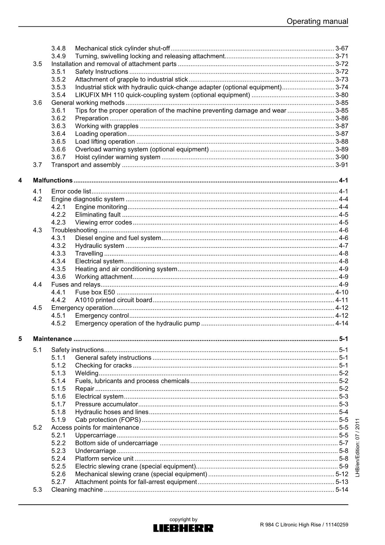 Liebherr R984 C Litronic High Rise Excavator Operators manual