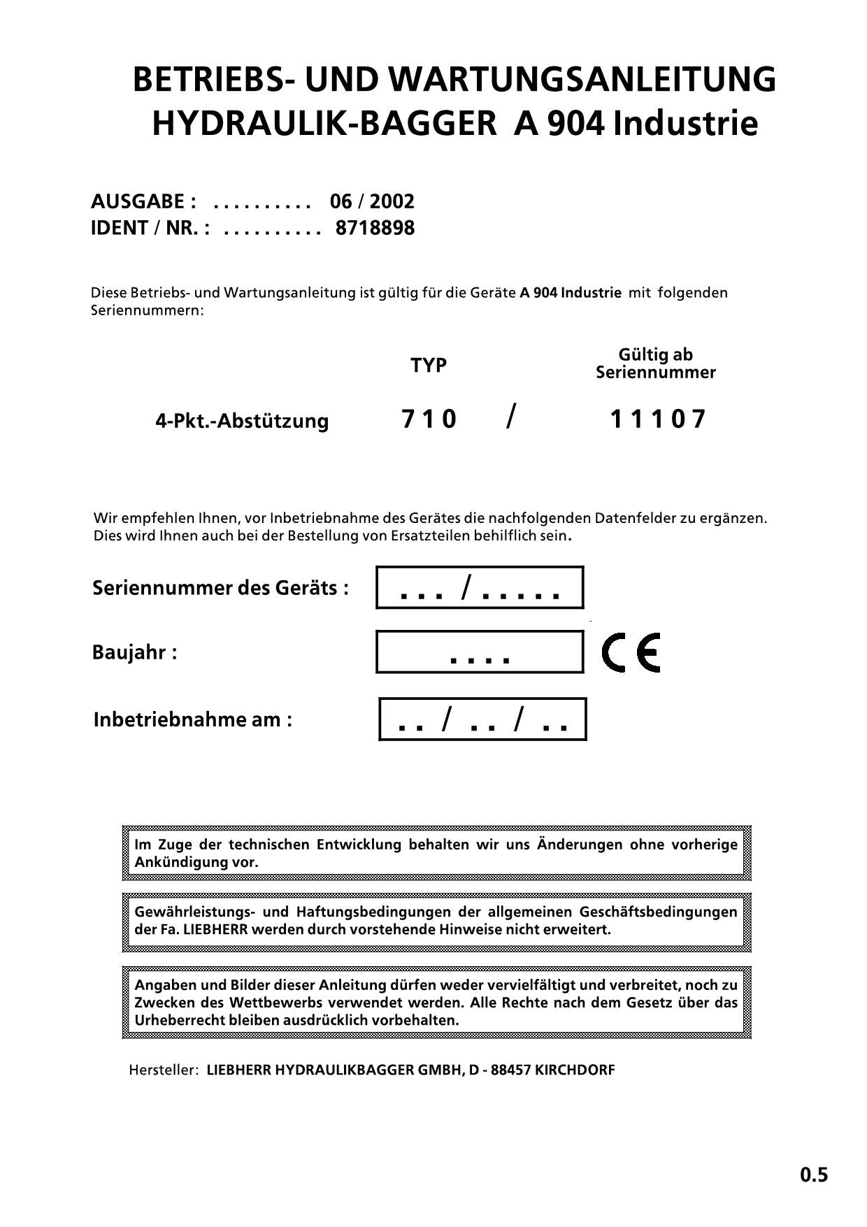 Liebherr A904 Industrie Hydraulikbagger Betriebsanleitung Wartungsanleitung