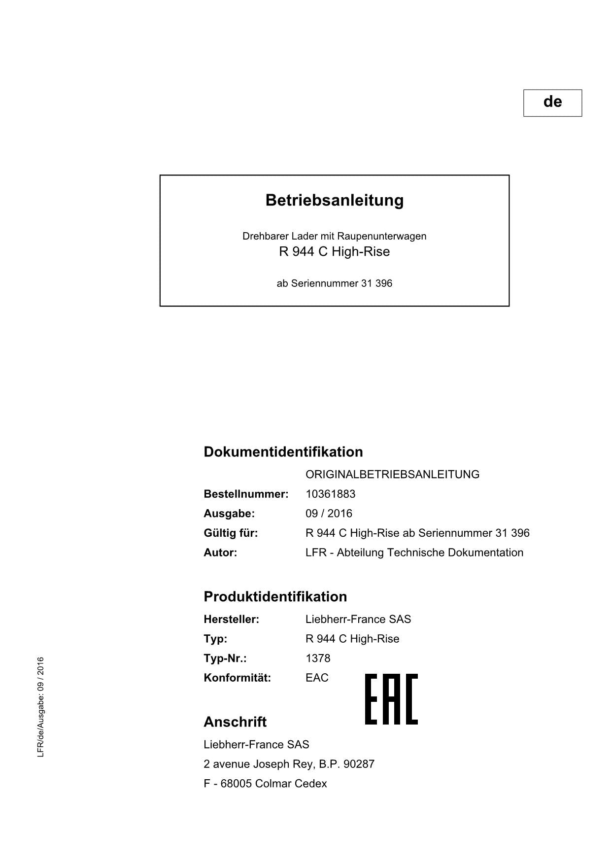 Liebherr R944 C High-Rise Drehbarer Lader mit Raupenunterwagen Betriebsanleitung