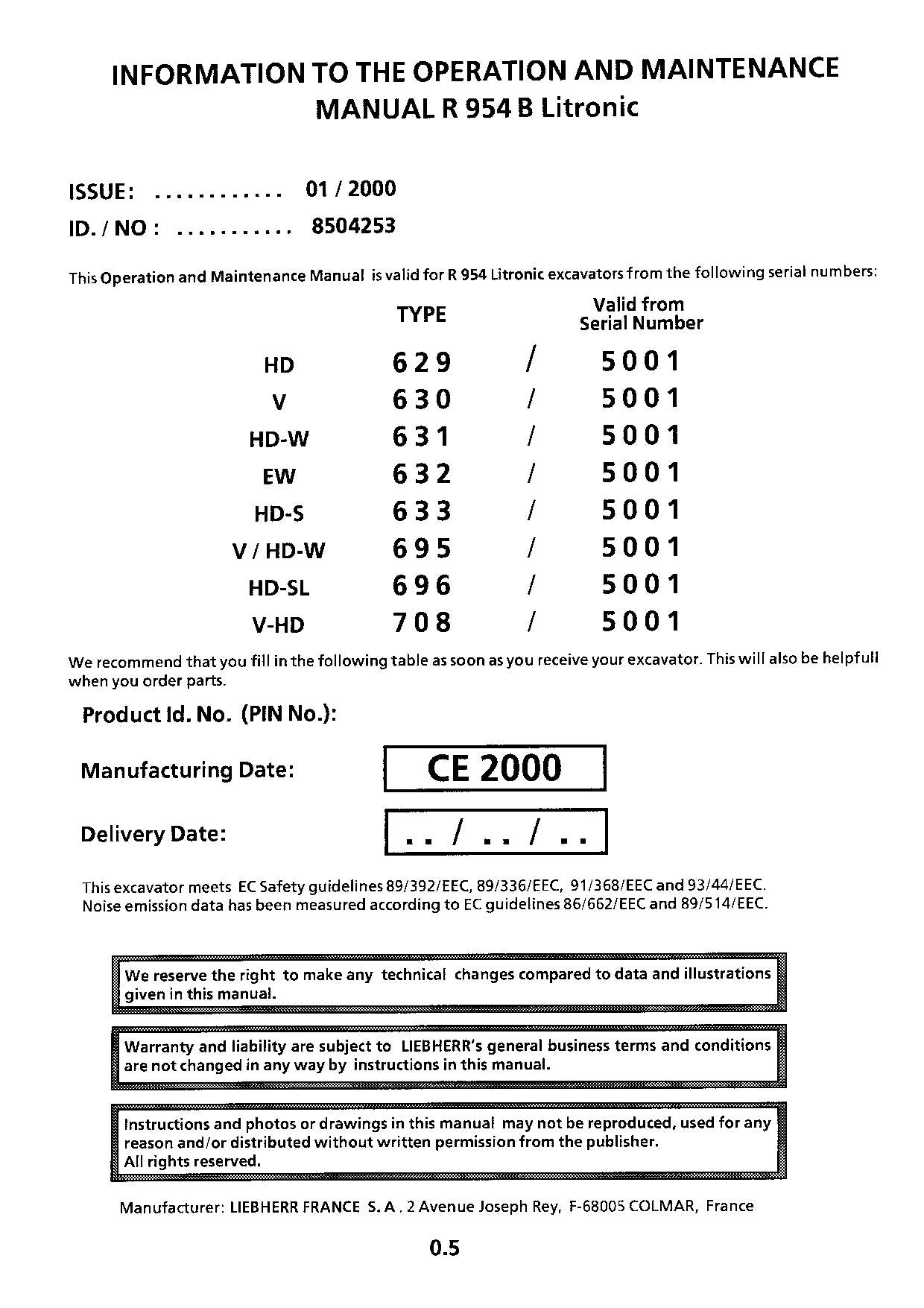 Liebherr R954 B Litronic Excavator Operators manual serial 5001