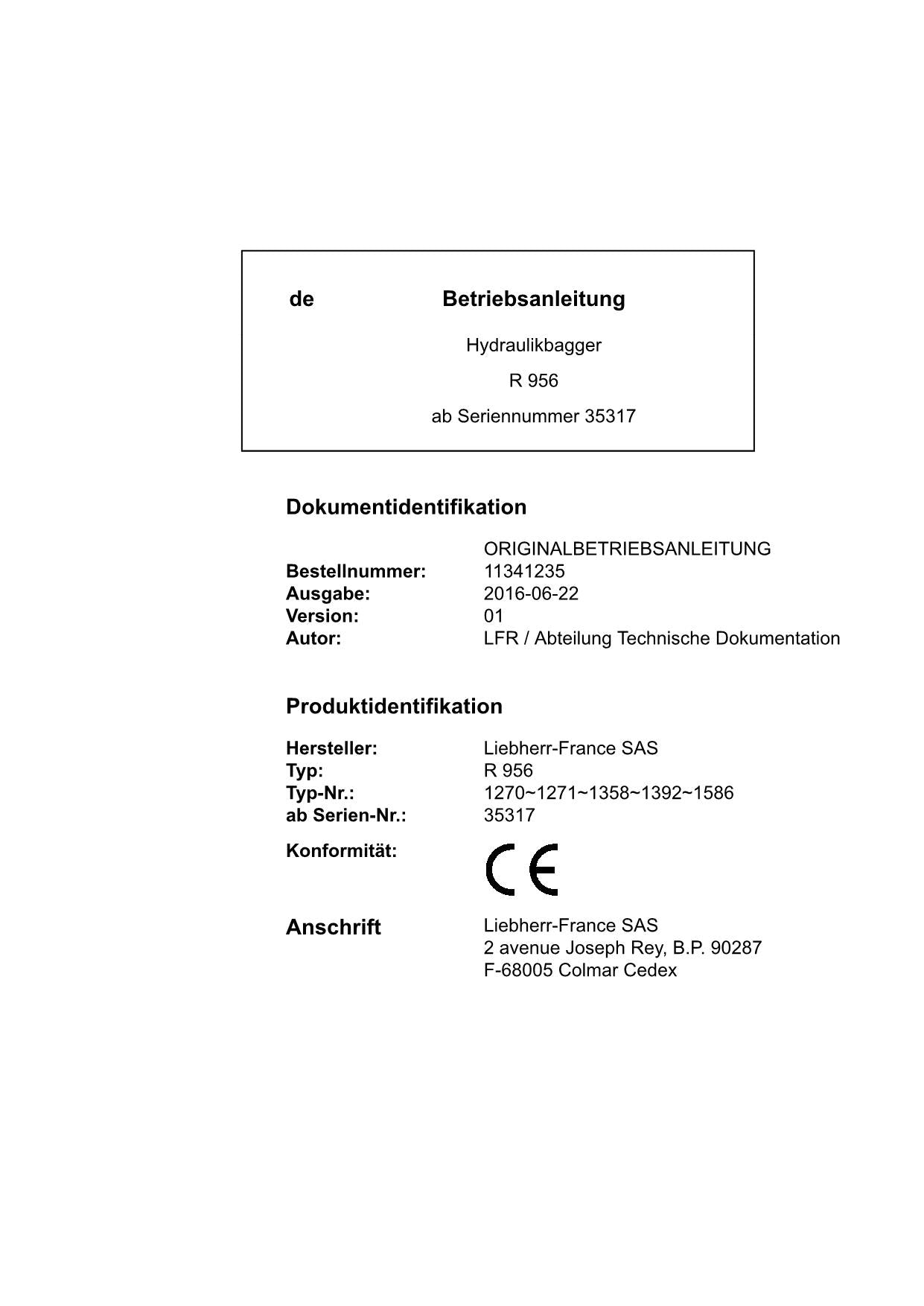 Liebherr R956 Hydraulikbagger Betriebsanleitung ser 35317